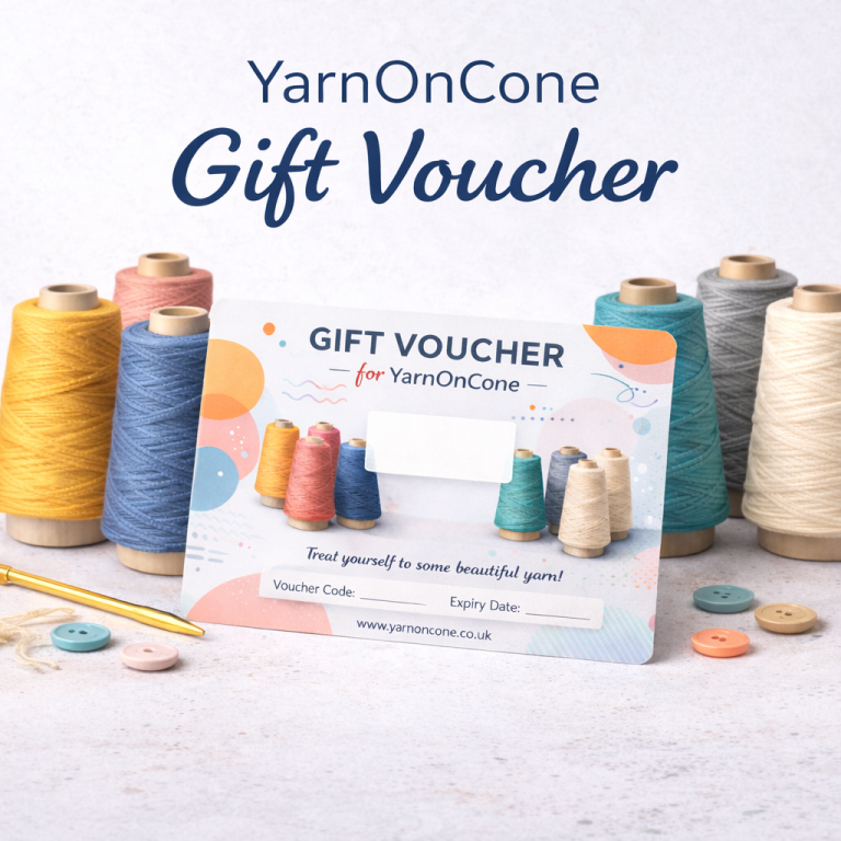 YarnOnCone gift voucher displayed with colourful yarn cones on a neutral background
